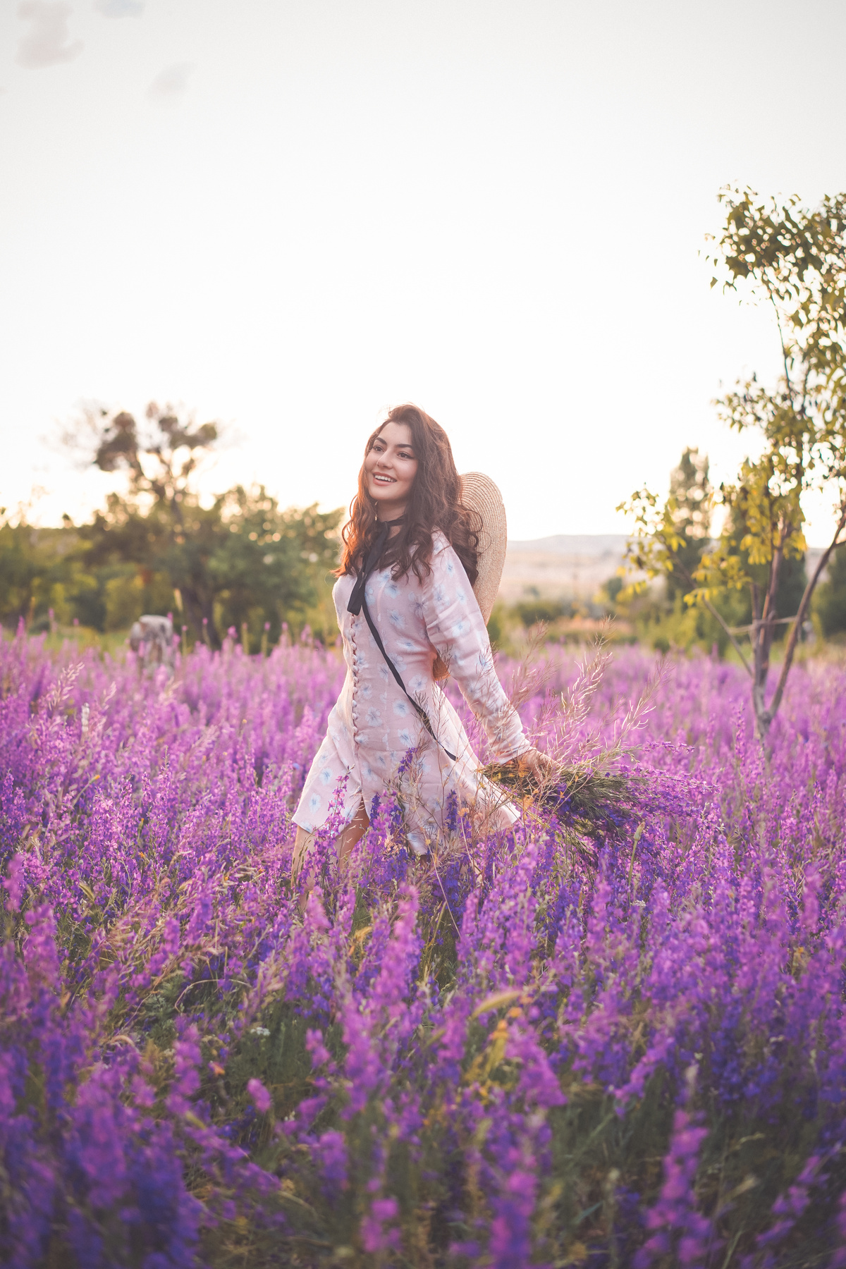 Beautiful Woman Strolling in a Lavender Field